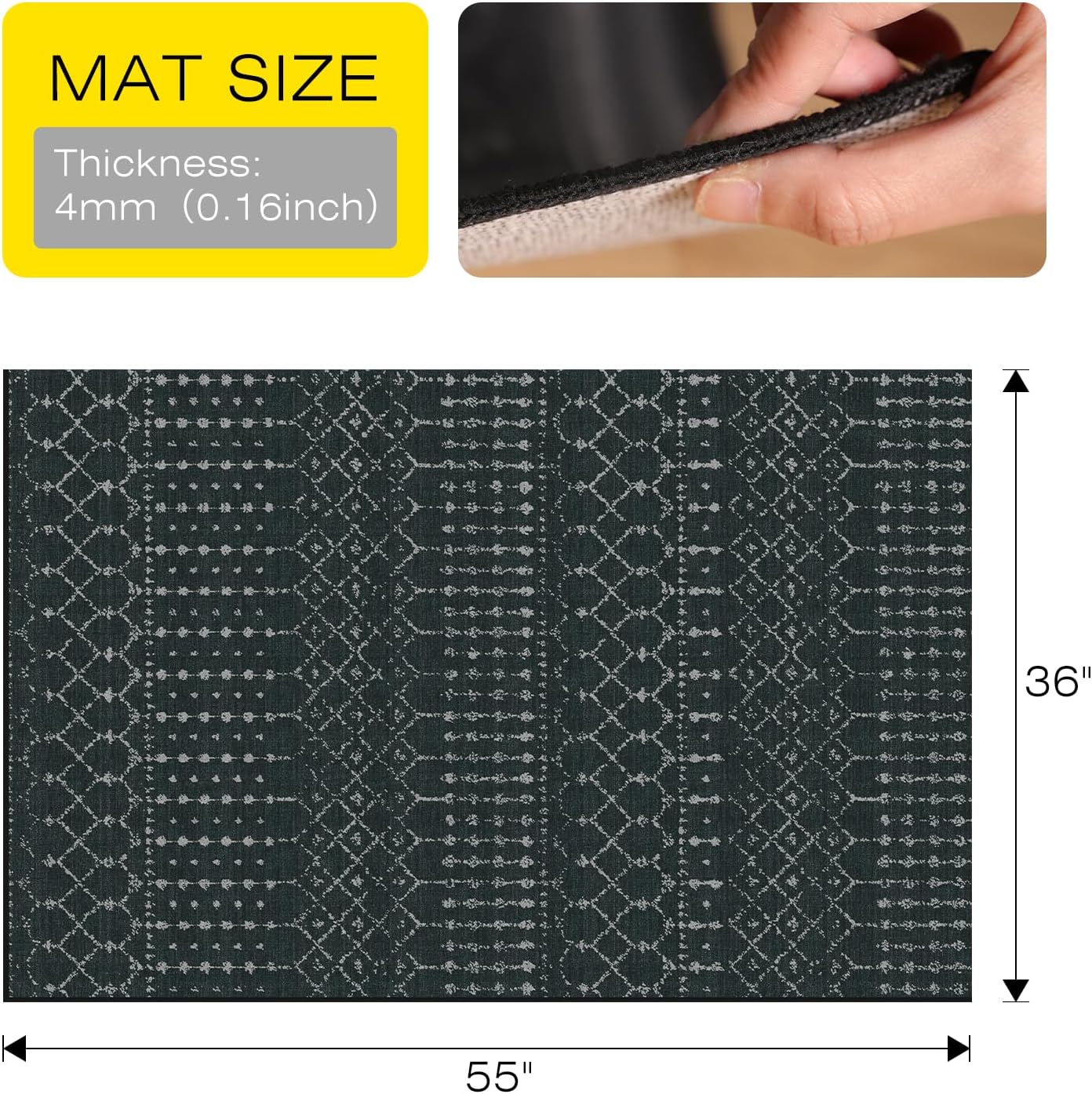 Office Chair Mat for Hardwood & Tile Floors, 55" x 36" Desk Chair Mat, Non-Slip Floor Protector for Rolling Chairs, Machine Washable Area Rug for Home Office, Black