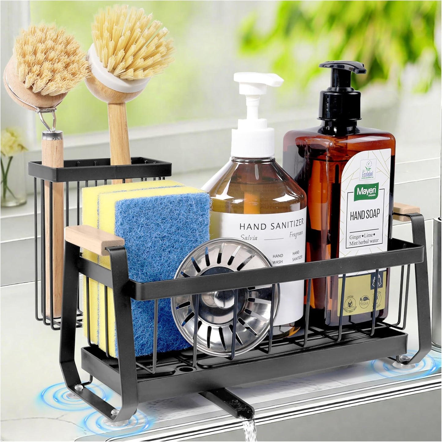 Suction Cup Sponge Holder for Kitchen Sink Caddy Organizer Rack for Dish Brush Holder and Soap Dispenser, Stainless Steel Sink Sponge Caddy for Bathroom Countertop Storage Auto Drain
