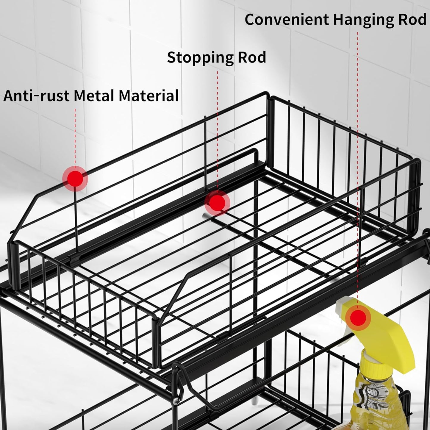 SUEH DESIGN Under Sink Organizers and Storage, 2 Tier Metal Under Sink Storage with Hanging Rail for Kitchen Bathroom Cabinet Organizer, 2 Pack