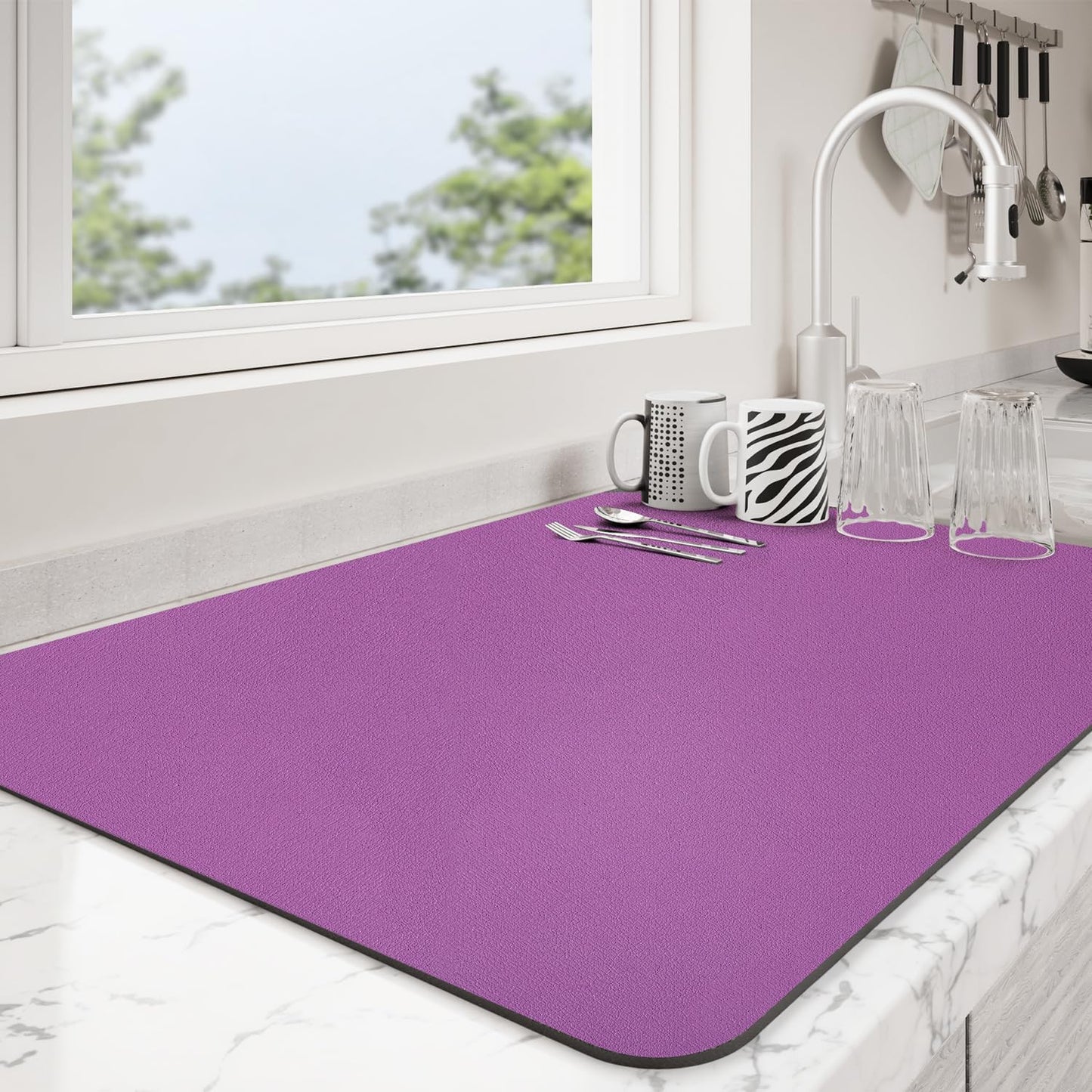 Dish Drying Mat for Kitchen Counter | Coffee Bar Mat for Countertops | Heat Resistant Drainer Mat with Non-slip Rubber Backed | Hide Stain Kitchen Absorbent Draining Mat | Purple 18"x32"