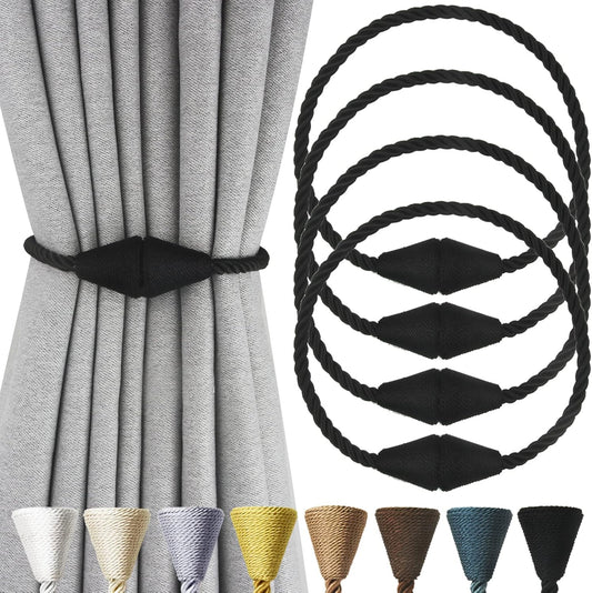 4 Pack Magnetic Curtain Tiebacks Rope Modern Handmade Curtain Tie Backs Decorative Drapes Weave Holdbacks for Window Décor, Black
