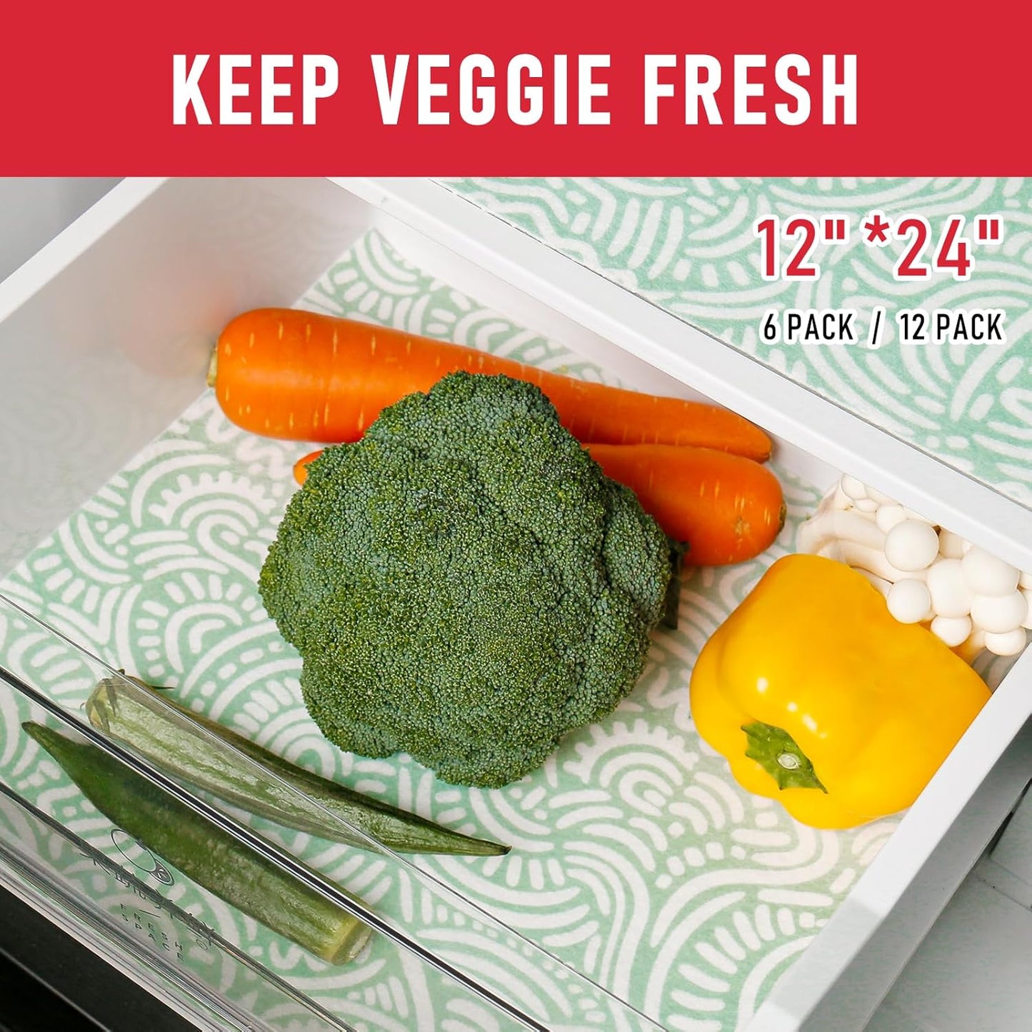 Cooyes Refrigerator Shelf Liners, Drawer Liners for Kitchen Cabinets, Absorbent Fridge Mats with Non-Slip Particles, Breathable Cloth Material BPAfree, Keep Produce Fresh Longer, 6 Pack, 12" × 24"