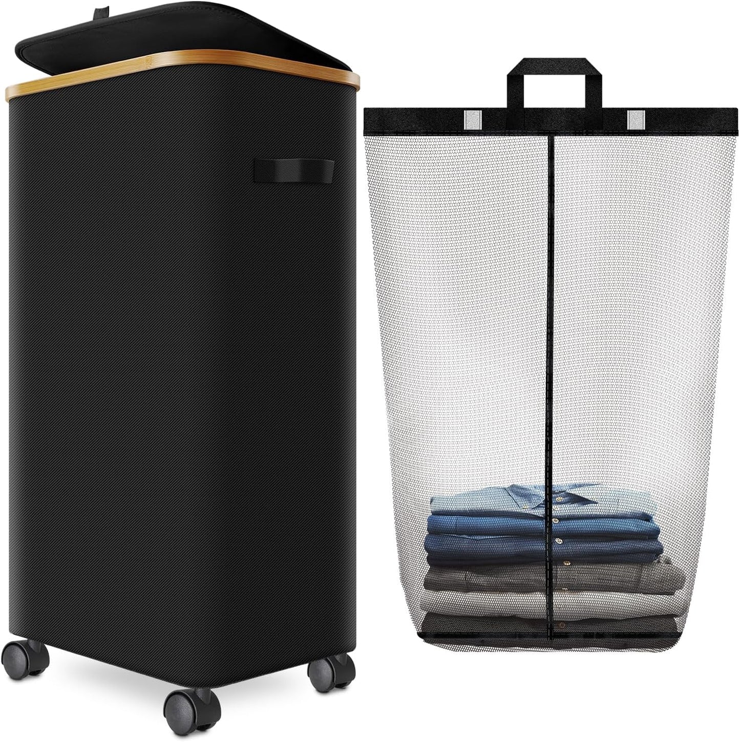 Laundry Hamper with Wheels,29 Gal (110L) Laundry Basket with lid Rolling Clothes Hamper Foldable Dirty Clothes Basket on wheels with Bamboo Frame and Bag for Bedroom, Dorm, Laundry Room-Black