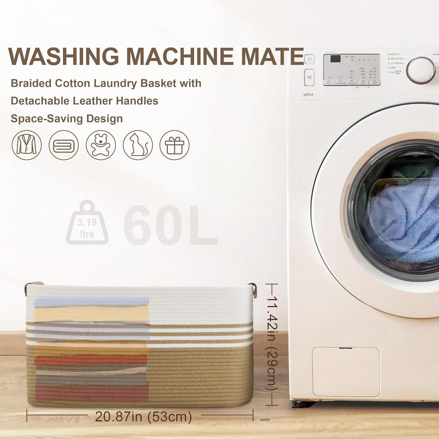 60L Large Laundry Basket with Leather Handles for Living Room Storage, Woven Rope BasketsBin for Blanket, Kids Toy, Gifts, Wicker Hamper for Bedroom Dirty Clothes, 21"x15"x11" Khaki