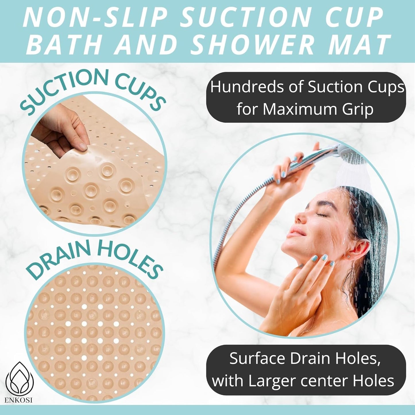 ENKOSI Bath Mat - Large Non Slip Bathtub & Shower Mat - Extra Long. 40 x 16 Inch Bathroom Mats for Tub Nonslip Anti Slip Bathmats (40x16 Beige 1-Pack)