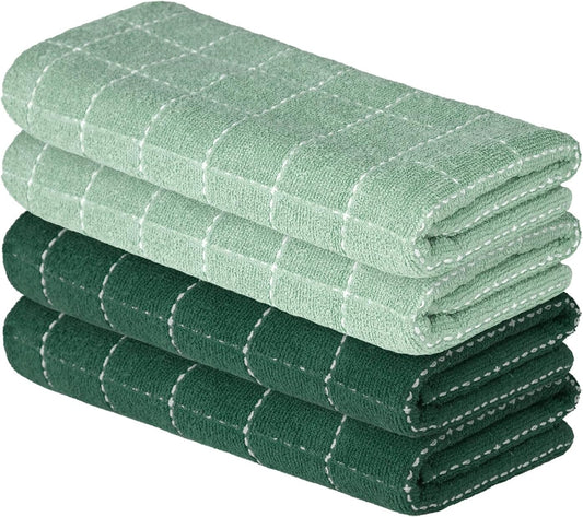 Artoid Mode Checkered Designed Cotton Dark Green Terry Kitchen Dish Towels, 15x25 Inch Soft Absorbent Quick Drying Cleaning Tea Towels Set of 4