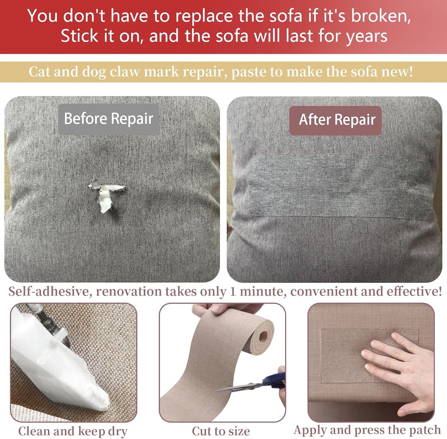 Linen Repair Tape 4x70 Inch Self-Adhesive Couch Patch Repair Fabric Patch for Furniture,Sofas,Cushion,Chairs,Bags,Linen Goods(Light Grey)