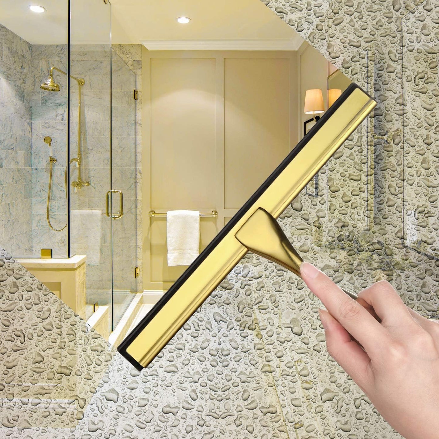 HIWARE All-Purpose Shower Squeegee for Shower Doors, Bathroom, Window and Car Glass - Brass, Stainless Steel, 12 Inches