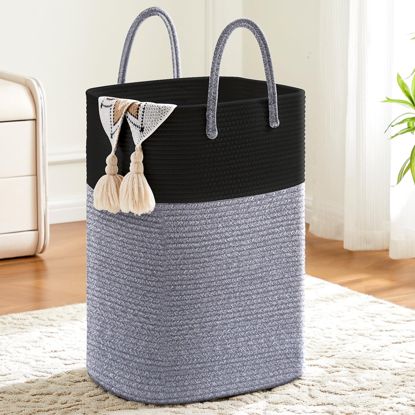Laundry Basket,Woven Cotton Rope Laundry Hamper,Versatile Storage for Dirty Clothes,Baby Toys,and Blankets in Bathroom, Nursery,and Living Room (Black, 60L)