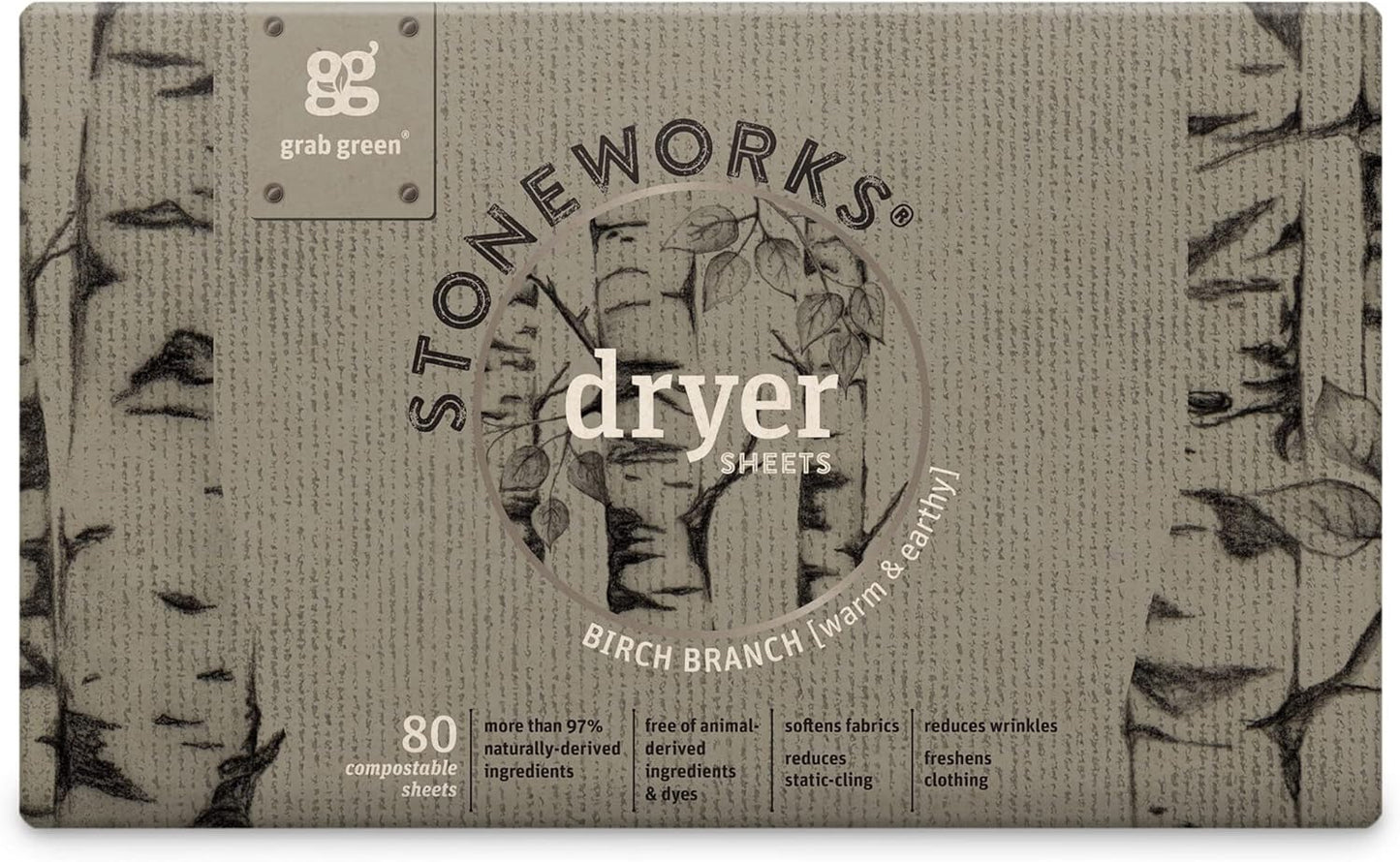 Grab Green Stoneworks Laundry Detergent Pods and Dryer Sheet Bundle, 50 Count Pods and 80 Dryer Sheets, Birch Branch Scent, Plant and Mineral Based Laundry Care Set