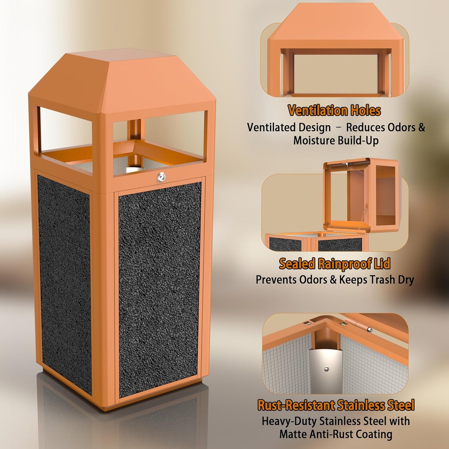 Commercial Metal Outdoor Trash Can with Lid, Lockable Outdoor Garbage Can with Nature Stone Panels, Heavy-Duty Rustproof Trash Bin with Removable Liner for Parks & Public Spaces