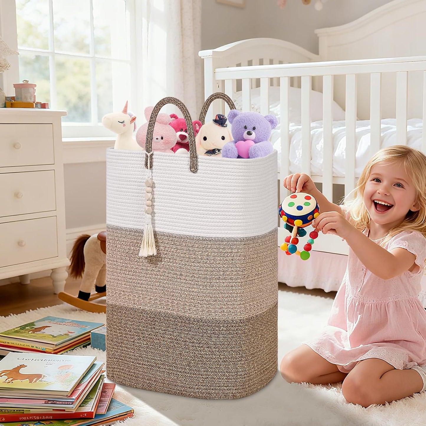 Woven Laundry Basket for Clothes,65 L Large Rectangle Laundry Hampers with Beads Tassel, Nursery Storage Basket for Toys, Tall Dirty Clothes Hamper for Bedroom Aesthetic, Laundry Room Organization