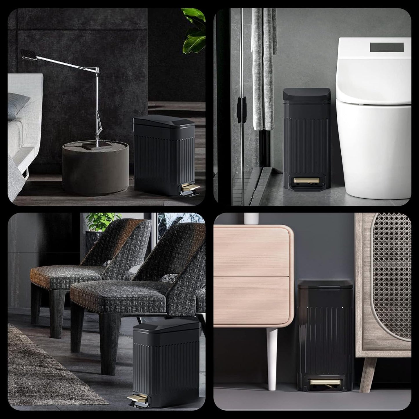 CEROELDA Small Bathroom Trash Can with Lid Soft Close-5L/1.3 Gal Slim Garbage Can-Metal Step Wastebasket-Rectangle Narrow Waste Bin for Office, Bedroom, Toilet, Live Room (Embossed-Black)