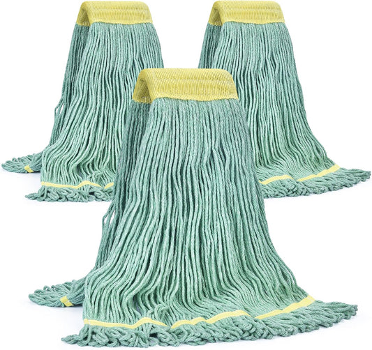 Matthew Cleaning Commercial Mop Head Replacement, 5 Inch Wide Headband, Looped End Cotton Blend String Wet Mops for Floor Cleaning, 24 oz Large, 3-Pack Green