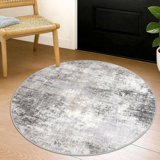 IOHOUZE Round Area Rug 3 Ft Circle Entryway Rugs Round Washable Door Mat Indoor Entrance, Non Slip Circle Front Door Rug, Printed Abstract Faux Wool Floor Carpet for Foyer Porch Sink, Grey Beige