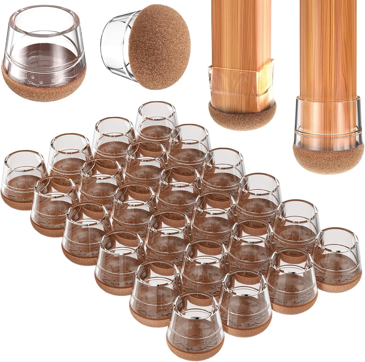 Chair Leg Floor Protectors Medium 24Pcs,Silicone Chair Leg Protectors for Hardwood Floors/Tiles,360°Wrapped Felt Bottom to Prevent Scratch and Reduce Noise, Round Clear