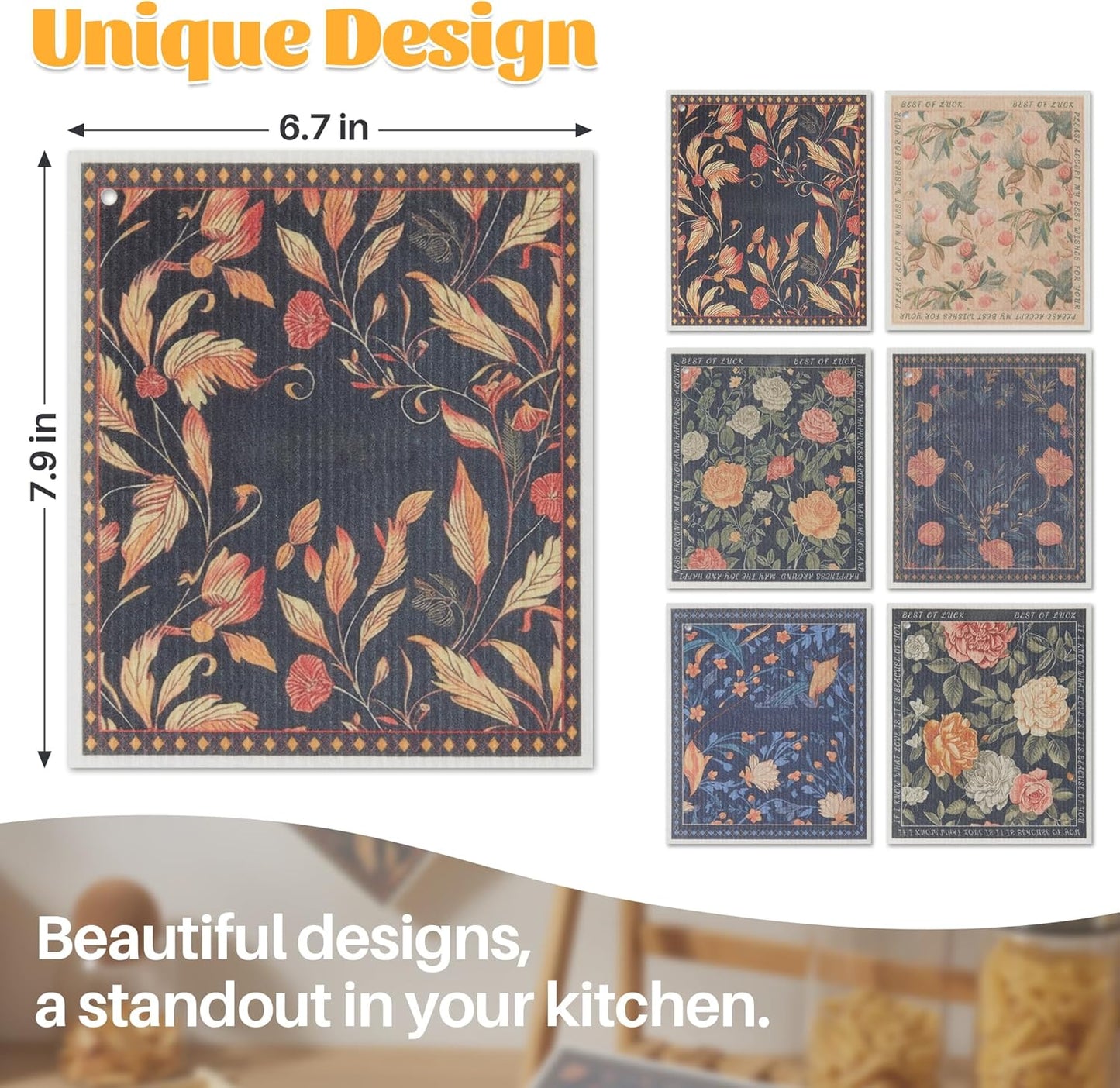 JOYMOOP 12 Pack Decorate Cleaning Cloth (Simple Floral of Decorative Series), Reusable Absorbent Dish Towels, Non-Scratch Washable Rags for Cookware, Kitchen and Household Cleaning - 6.7×7.9 inch