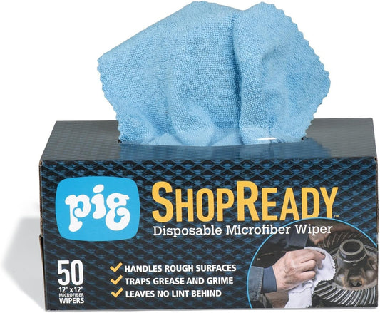 PIG ShopReady Microfiber Wipers| Durable Low-Lint Microfiber Rags | 50 per box | 12" W x 12" L | Blue | PM50808-BL