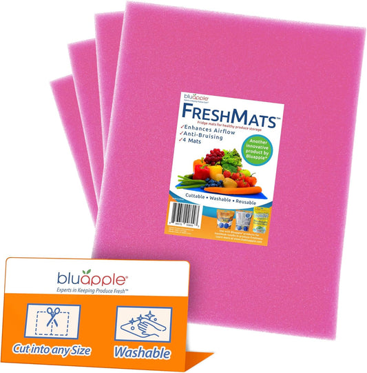 Bluapple FreshMats, Refrigerator Bin Liner, Fridge Drawer Mats, Crisper Life Extender Liner Keeps Produce Fresh Longer, Anti-Bruising, Helps Air Circulation, Washable & Reusable (4-Mats, 12x15, Pink)