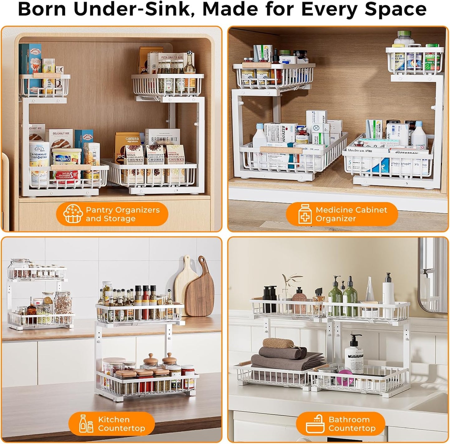 Under Sink Organizer,2 Pack 2 Tier Under Sink Organizers and Storage,Slide Out Pull Out Cabinet Organizer Shelf,Metal Sliding Drawer for Kitchen Bathroom Pantry Cabinet Closet Organization Rack White