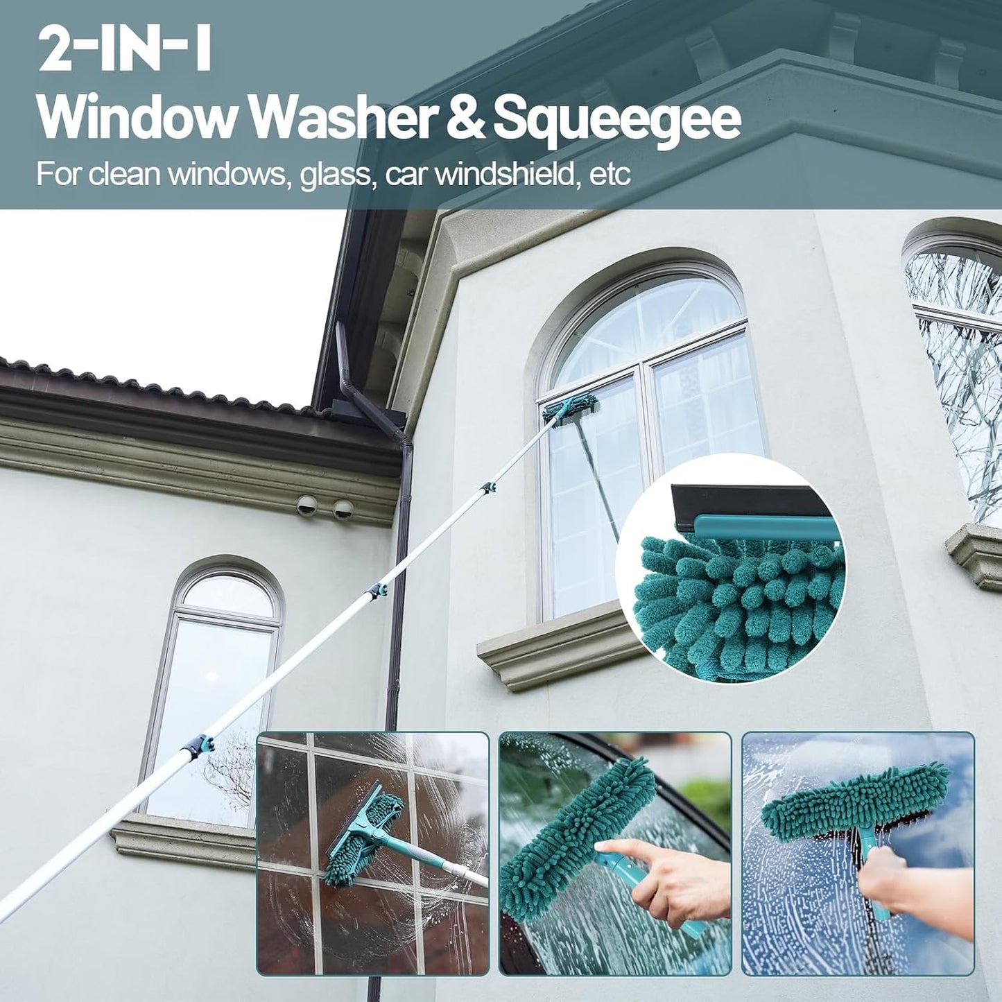 30 Foot High Reach Duster Kit with 6-24FT Extension Pole High Ceiling Dusting and Window Cleaning Kit with Telescopic Pole Window Washer&Squeegee,Cobweb Duster,Fan Duster and Feather Duster