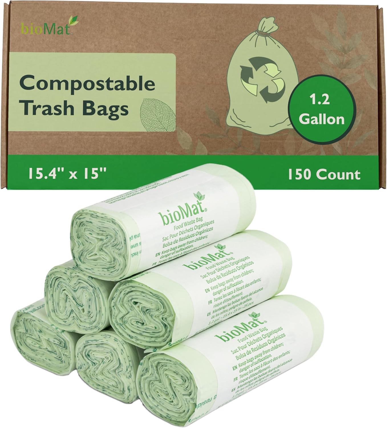 bioMat 1.2 Gallon Compostable Bags, 150 Count, Countertop Bin Liners, BPI ASTM D6400 and CMA Certified Small Trash Bags