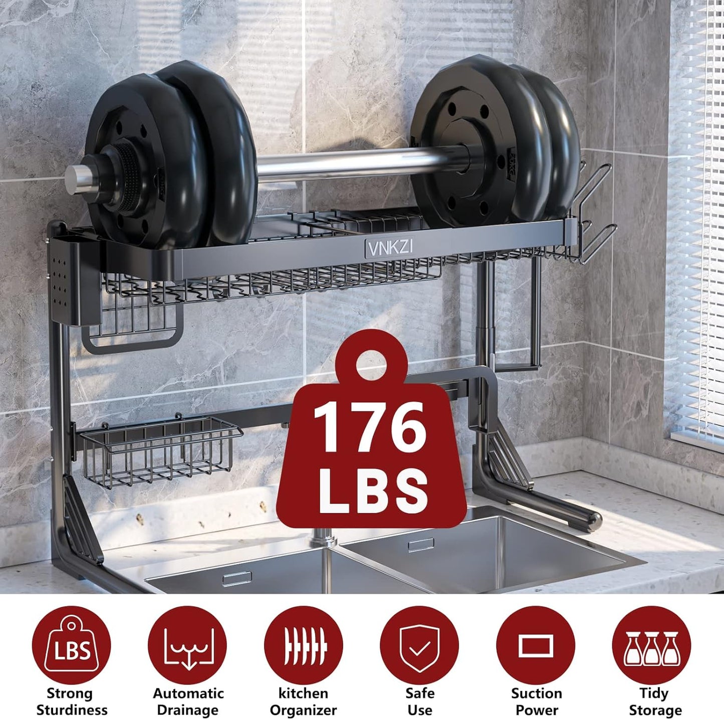 VNKZI Over Sink Dish Drying Rack, 2 Tier Stainless Steel Storage Adjustable Length (25.98'' to 36.61'') Kitchen Rack, Multifunctional Expandable Counter Organizer, Space Saver Dish Rack