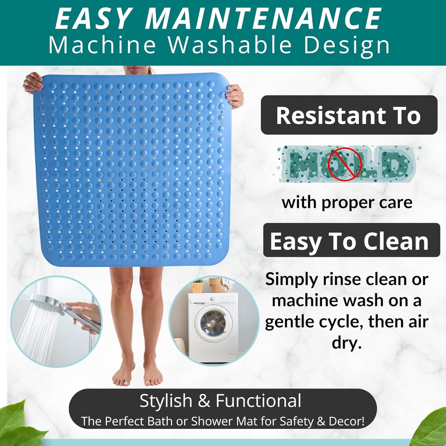 ENKOSI Extra Large Square Non Slip Shower Mat - 31 x 31-inch XL Bathroom Shower Mat - Square Shower Matts for Shower Stall Floors | Secure Suction Cups and Drain Holes (31x31 Aqua Blue)