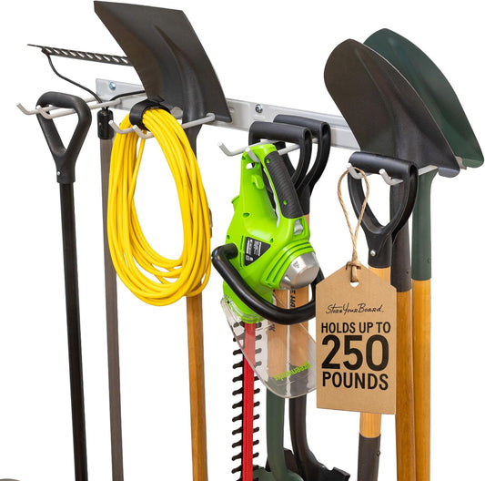 StoreYourBoard Wall-Mounted Rack With 4 Garage Hooks, Gray – Heavy-Duty Steel Holder Garage & Garden Storage for Shed, Workshop, or Home Organization – For Rakes, Shovels, Tools & More – 1 Pack, Gray