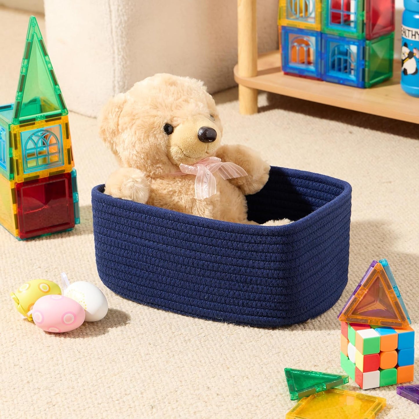Small Storage Baskets for Organizing | Closet Organizer Bins | Shelf Toy Basket | Woven Rope Baskets | Cube Decorative Box | Shallow Basket | 11.5x7.5x4.7” | 3 Packs Navy Blue