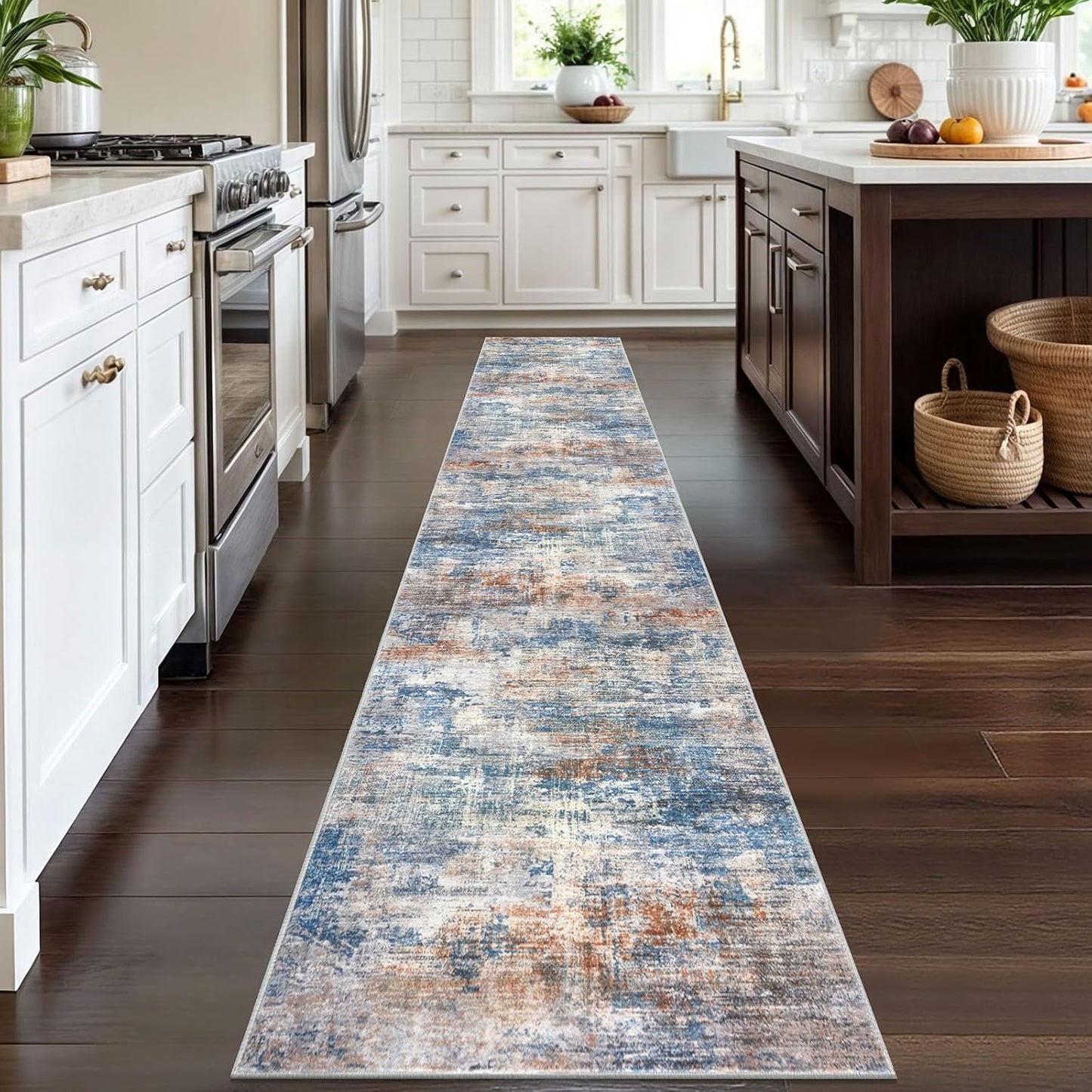 IOHOUZE Abstract Runner Rug 2x12 Ft Washable Runners for Hallways, Non Slip Kitchen Runner Printed Faux Wool Entryway Runner Indoor, Modern Abstract Floor Carpet for Hall Kitchen, Blue Rust