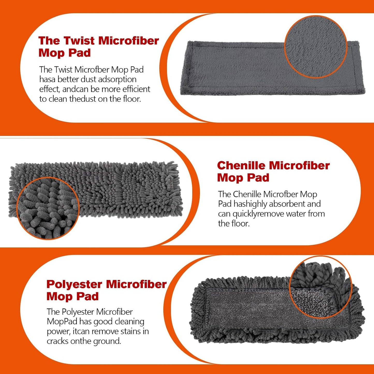 Dust Mop for Floor Cleaning with 3 Washable Pads (Chenille, Terry Cloth, Microfiber) and 55” Long Stainless Steel Handle,Microfiber Mop for Hardwood Floors, Tile, Marble Floors