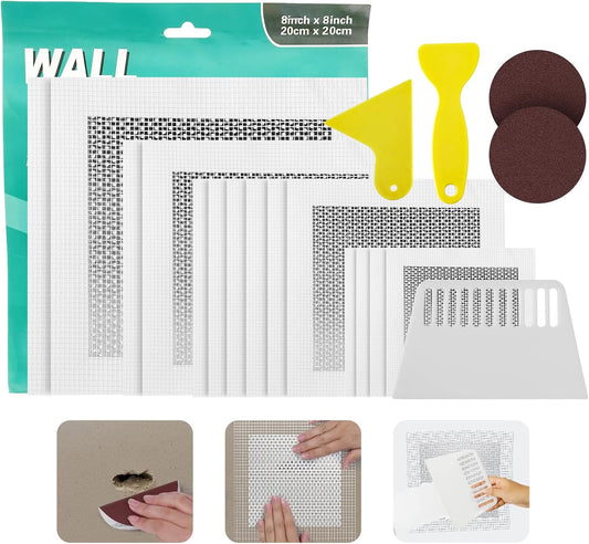 19 PCS Wall Repair Patch Kit, Aluminum Drywall Repair Patch Kit for Small/Large Holes, 2/4/6/8 Inch Self-Adhesive Metal Wall Patches with Scraper Sandpapers Gloves, Quick Fix Plaster