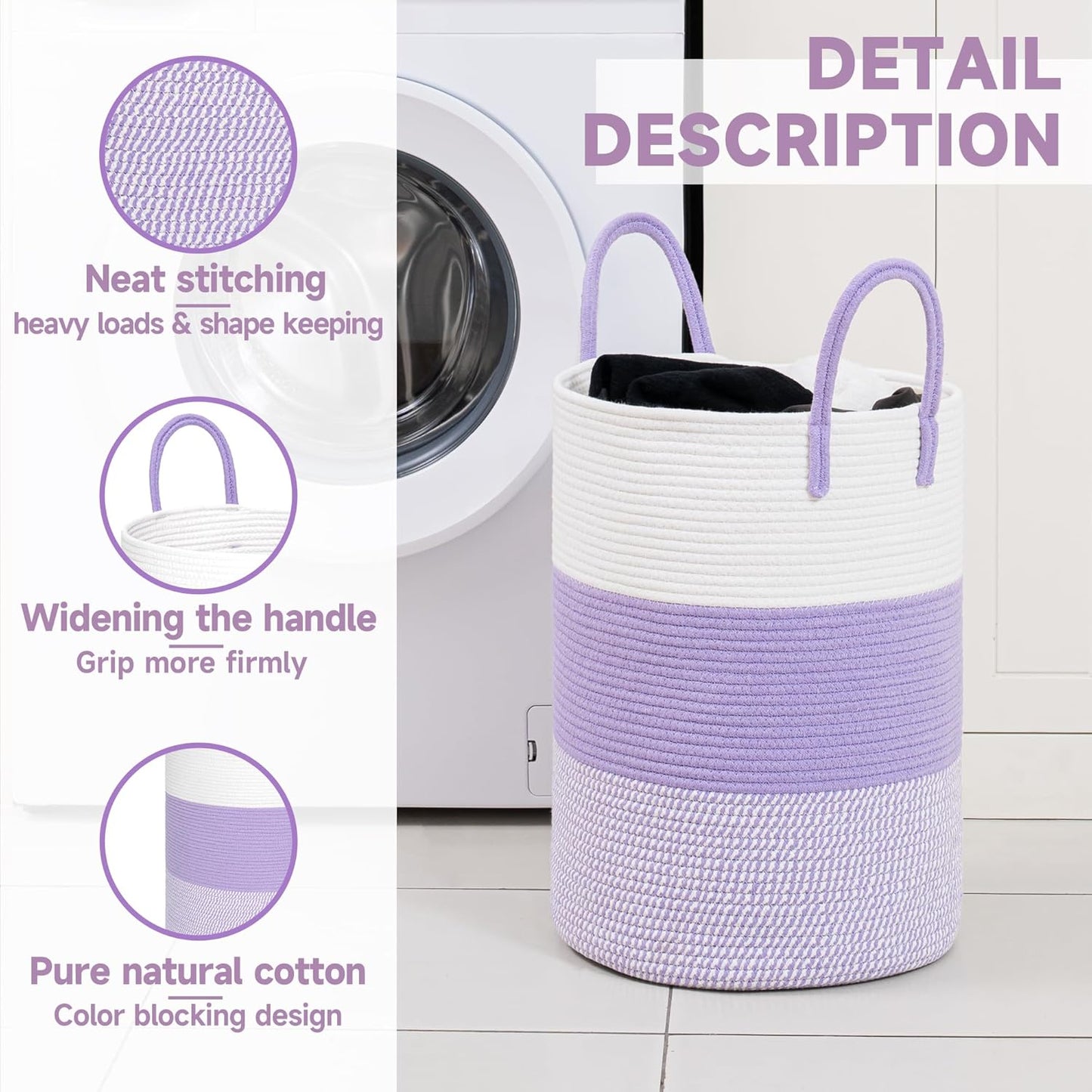 CLHMILY&Z 40L Laundry Basket Round Storage Rope Basket - 13x18 Inches - Lavender Hamper in Bedreoom and Cute Storage Bin for Blankets, Toys, and Nursery Essentials