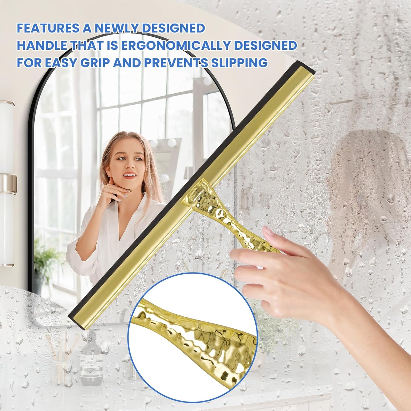 All-Purpose Silicone Shower Squeegee for Shower Glass Door,with 1 Hooks,for Bathroom Glass, Car, Tile Wall, Mirror Cleaning - Flower Shaped Handle for Easy-Grip 10 Inch Golden