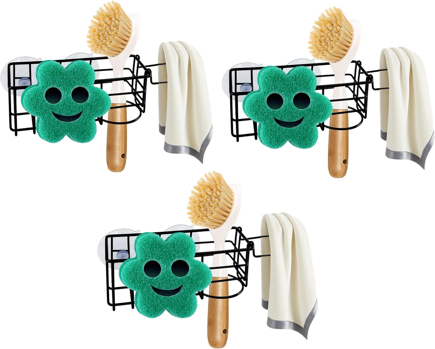 Sponge Holder Smile Face with Dish Cloth Hanger for Kitchen Sink, In-sink Caddy Organizer with Suction Cups & Adhesive Strips, Rustproof Sponge Rack for Soap, Brush, Scrubber - Black（3 Pack）