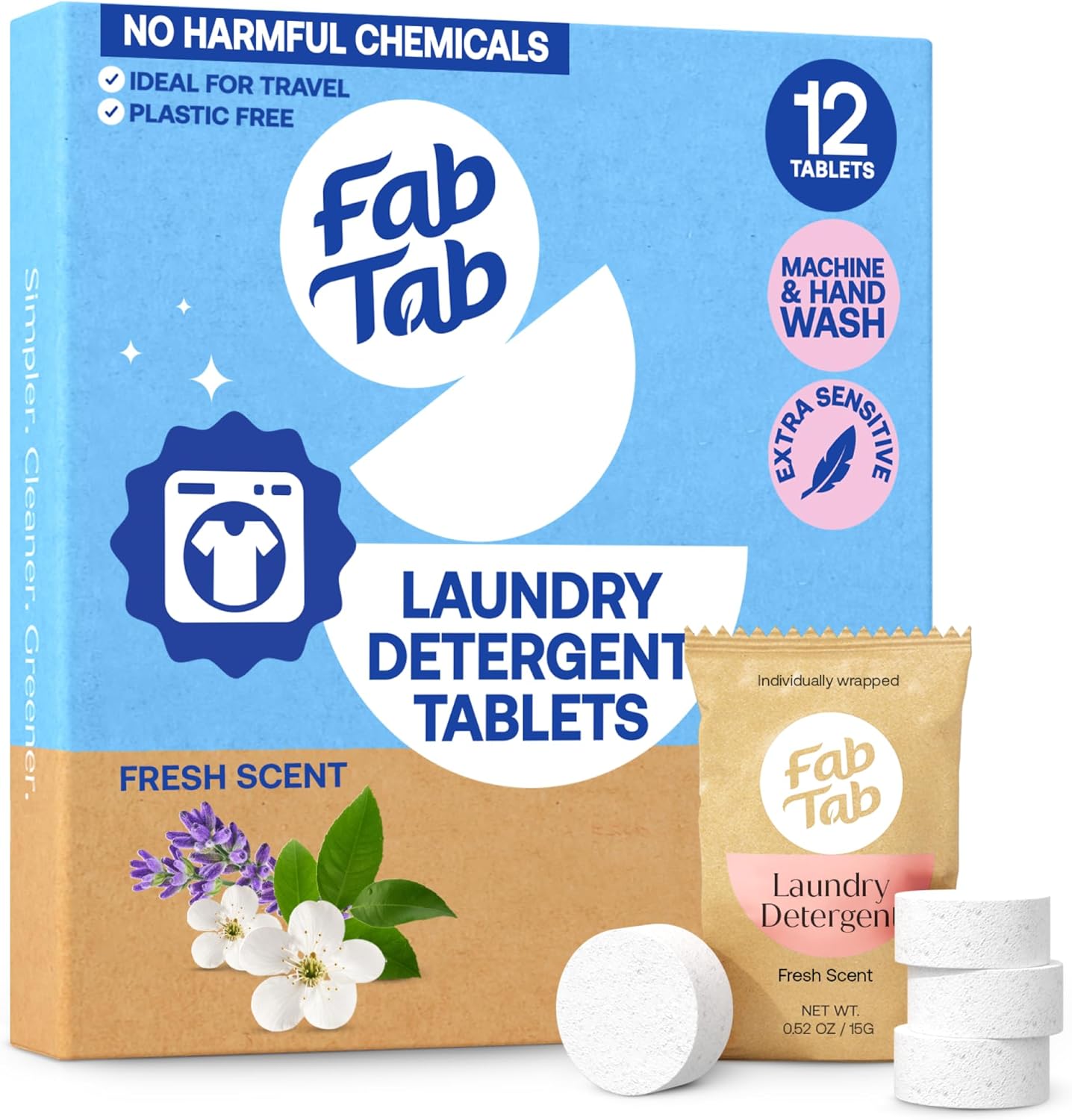 Fab Tab Laundry Detergent Tablets, Plant-Based Formula, Removes Tough Stains, Plastic-Free Alternative to Pods, All Washing Machines (12 Count, Floral)