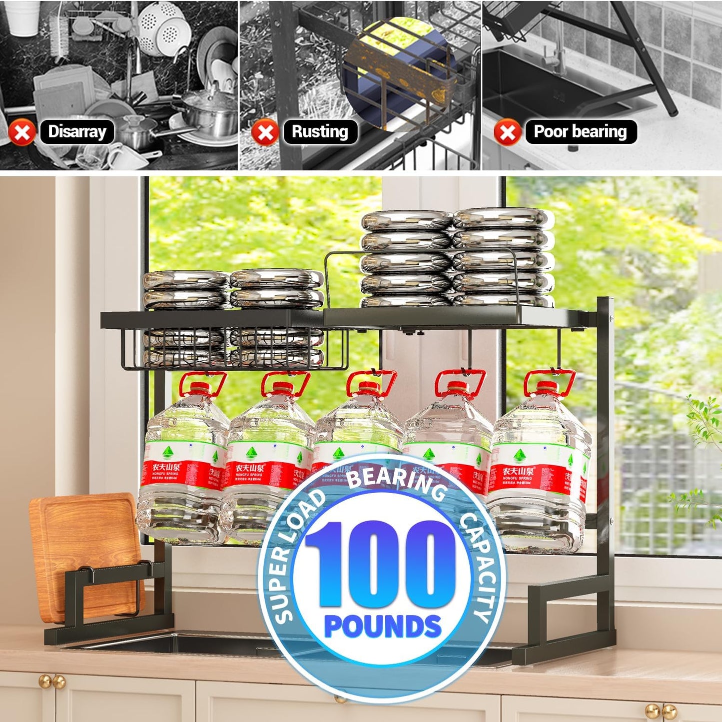 Over Sink Dish Drying Rack (Expandable Height/Length) Snap-On Design Large Dish Draine Storage Counter Organizer (24" - 35.5" L x 12" W x 19" - 22" H)