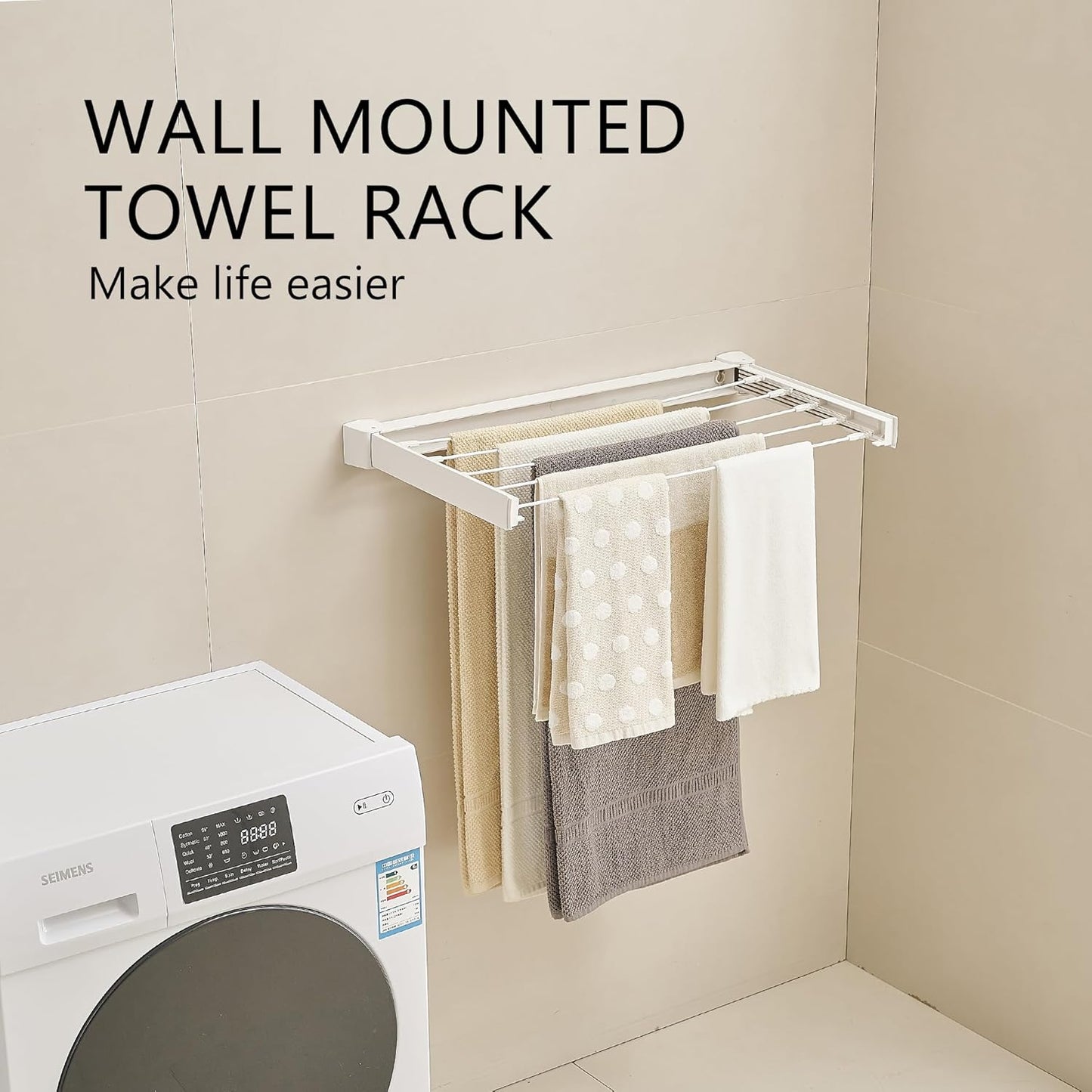 JOOM Laundry Drying Rack Collapsible, Wall Mounted Drying Rack, Clothes Drying Rack, Retractable Drying Racks, 27.5" Wide, 5 Aluminum Rods, 60 lb Capacity (White 27.5")