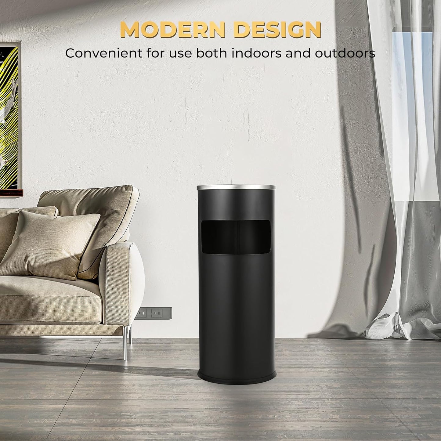 Trash Can Outdoor Waste Container Round Stainless Steel Trash Can with Removable Inner Bucket for Disposal Commercial Waste Container with Hollow Tray 9.8‘’ x 24‘’-Black