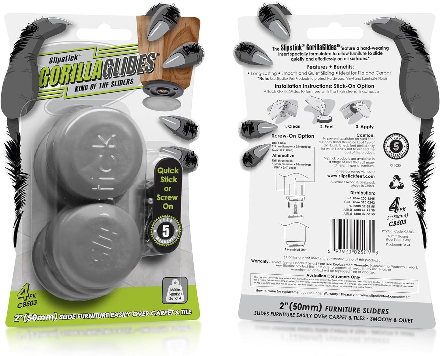 GorillaGlides CB503 2 Inch Furniture Sliders/Screw On Glide Floor Protectors (Set of 4 Glides) Large Furniture Feet Glides for Carpet and Hard Surface Sliding, Round