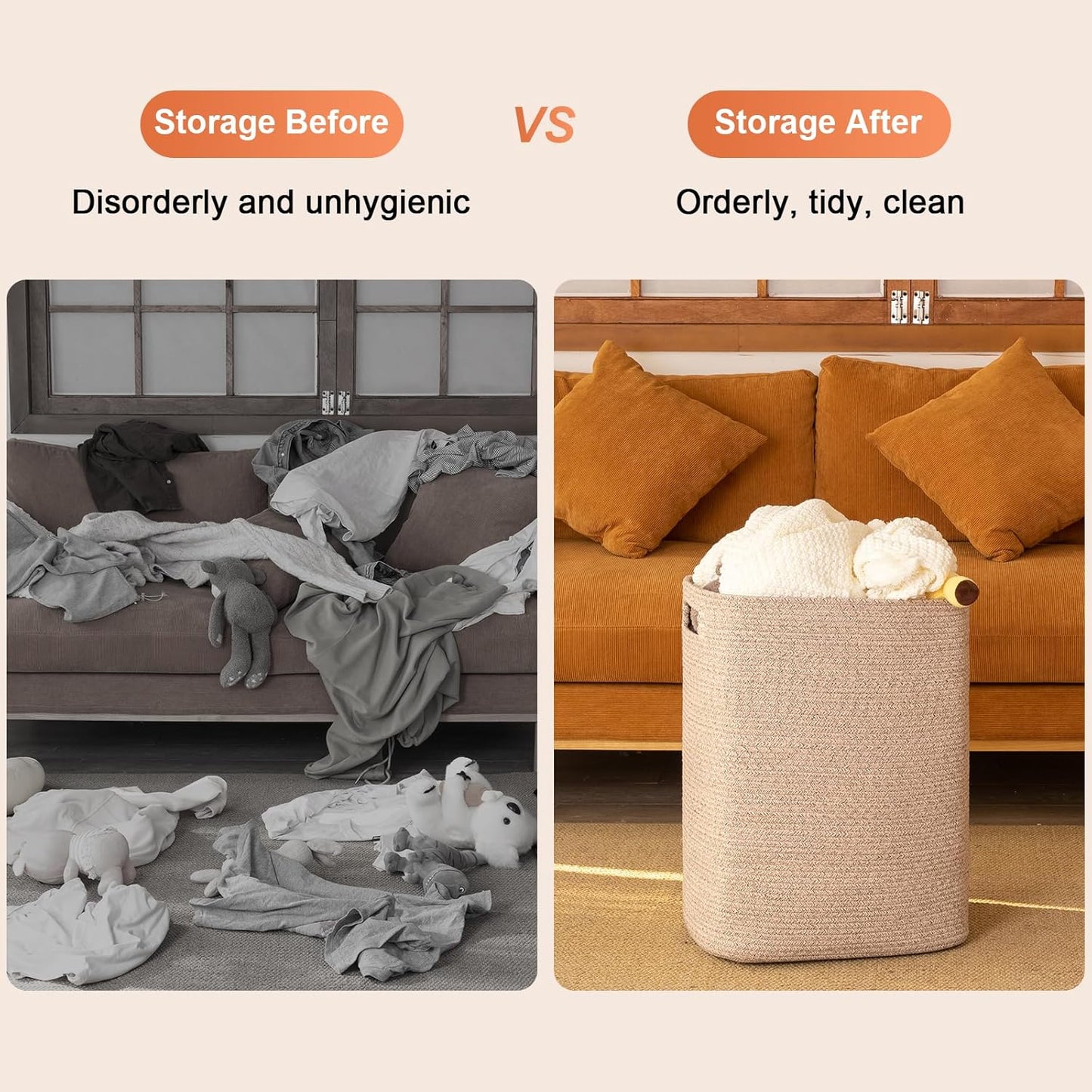 OIAHOMY Laundry Hamper, Rectangle Cotton Laundry Basket with Handles, Large Blanket Basket for Living room, Woven Decorative Storage for Toys,Clothes,Pillows-16x13x22in-Brown variegated