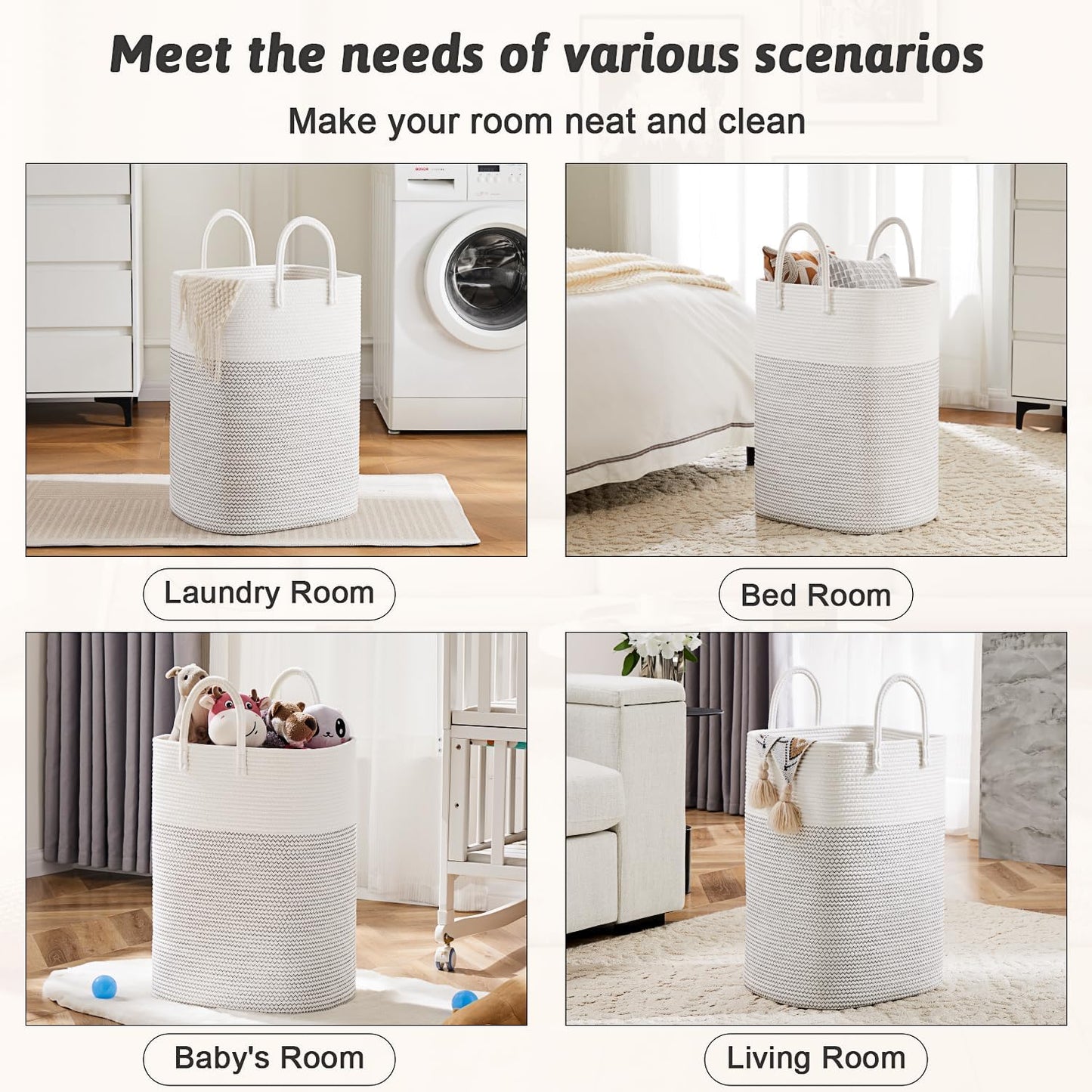 Laundry Basket,Woven Cotton Rope Laundry Hamper,Versatile Storage for Dirty Clothes,Baby Toys,and Blankets in Bathroom, Nursery,and Living Room (White, 40L)