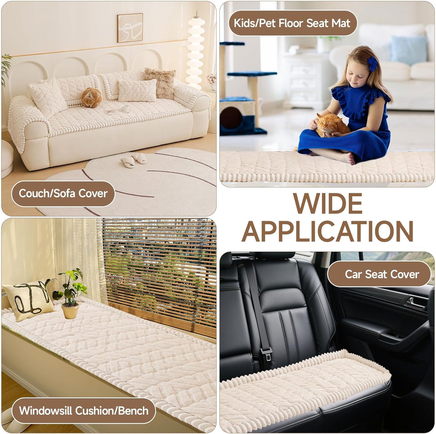 OTOB Pet Couch Covers for 3 Cushion Couch Sofa, Washable & Non Slip Fuzzy Plush Sofa Cushion Covers, All Seasons Geometric Jacquard Modern Soft Dog Bed Mat Slipcovers Protector (White, 27.6"x70.9")