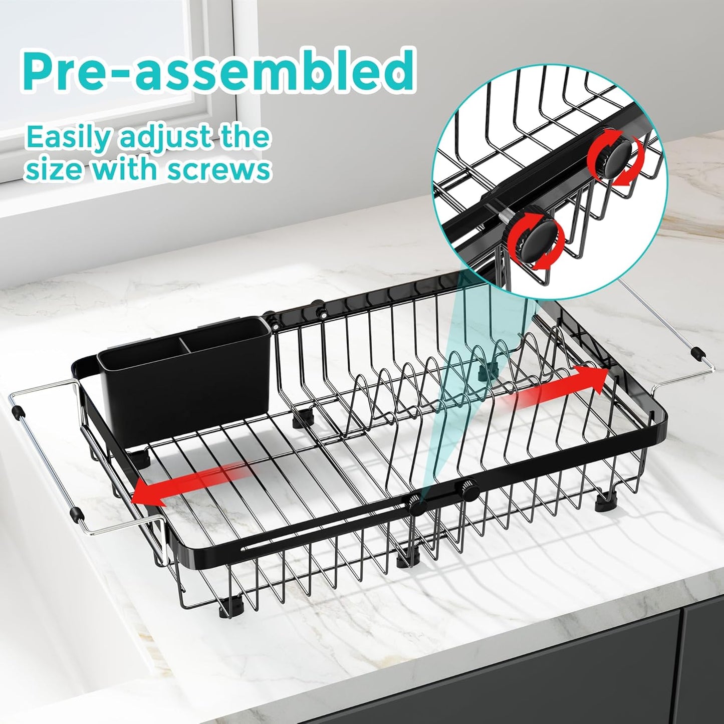 Small Expandable Over The Sink Dish Drainer Drying Rack In Stainless Steel Metal For Kitchen, Counter Space Saving Black Compact Above Plate Dryer Strainer, Adjustable Hanging Inside Sink Drain Holder