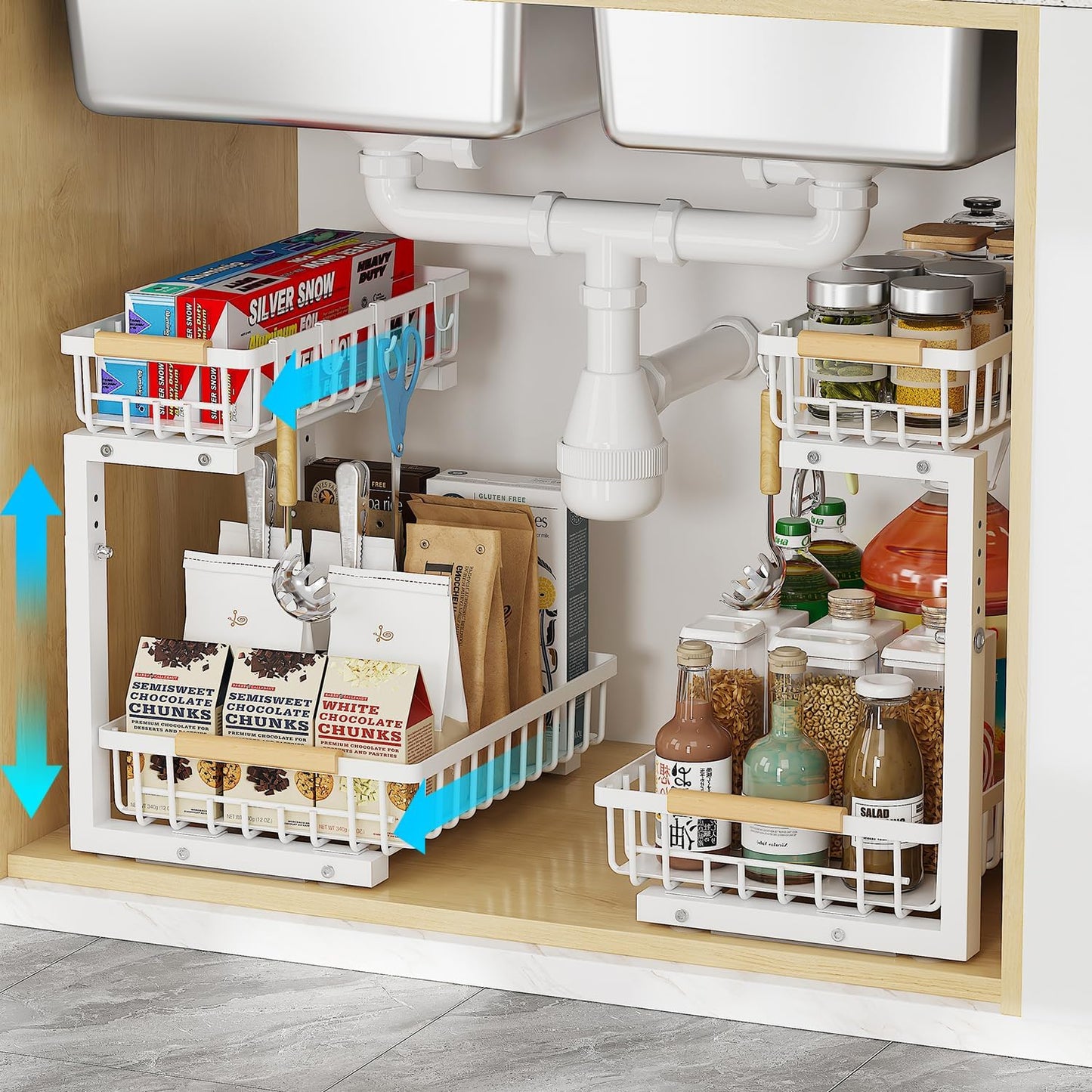 Under Sink Organizer, 2 Tier Slide Out Under Sink Organizers and Storage, Height Adjustable Pull out under cabinet storage, Metal Bathroom Kitchen Sink Organizer，2 Pack