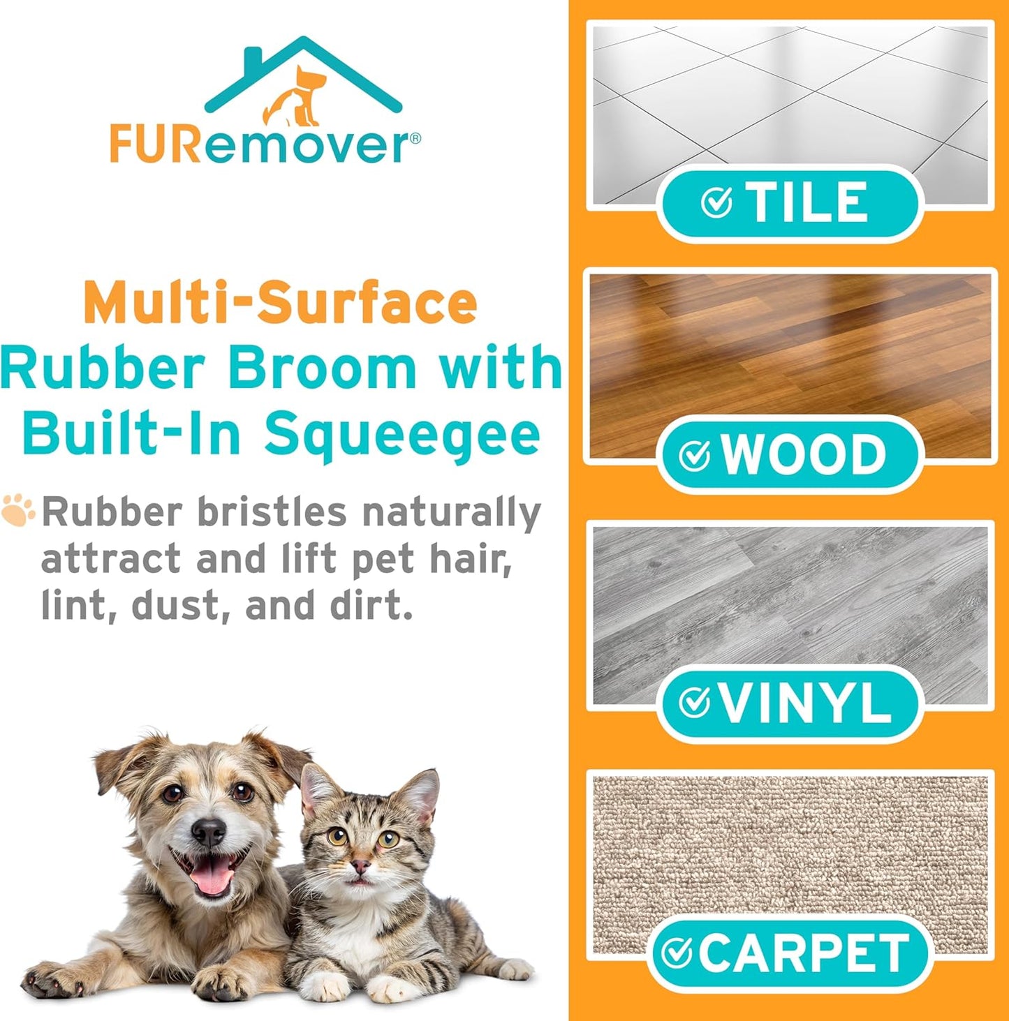 FURemover Original Plus Pet Hair Rubber Broom with Squeegee, with 61" Telescopic Handle for Carpet, Tile and Hardwood