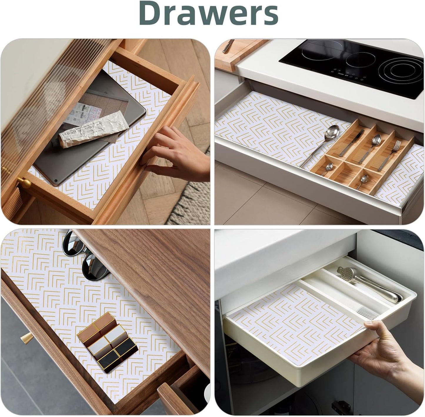 Shelf Liner for Kitchen Cabinets Non Adhesive Drawer Liner Non-Slip Thickened Shelf Liner Paper Strong Easy to Clean for Tool Box Refrigerator with Knife and Tape Measure, Gold Arrow,17.3 x 236.2 in