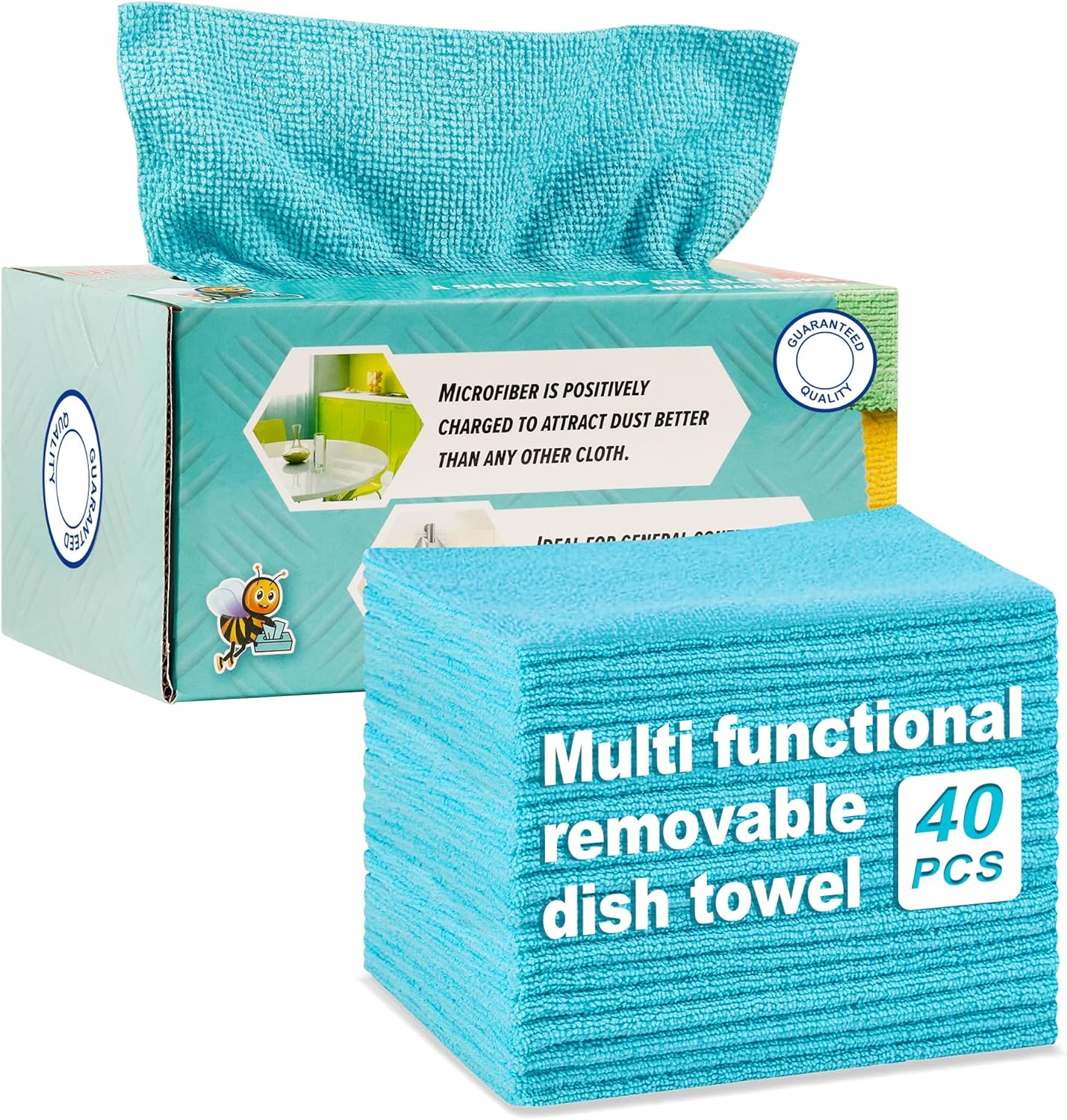 40 Pack Microfiber Cleaning Cloth with Box, Scratch & Streak-Free, Bulk Towels for Home, Reusable Microfiber Towels for Cars, Cleaning Rags, 8 x 8 in, Blue