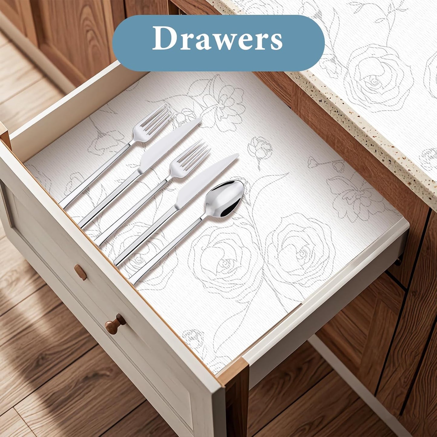 Shelf Liners for Kitchen Cabinets 17in x 30FT Non Adhesive Drawer Liner Sliver Floral Thickened Shelf Liner Paper Strong Non-Slip Easy to Clean for Tool Box Refrigerator with Knife and Tape Measure